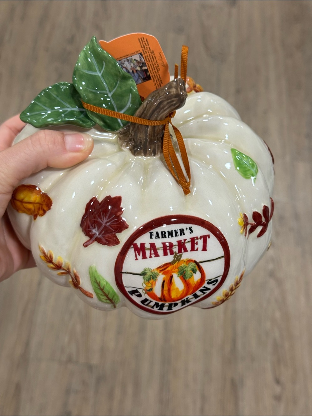 Blue Sky Cream Ceramic Farmer's Market Pumpkin with Green Leaves and Brown Stem